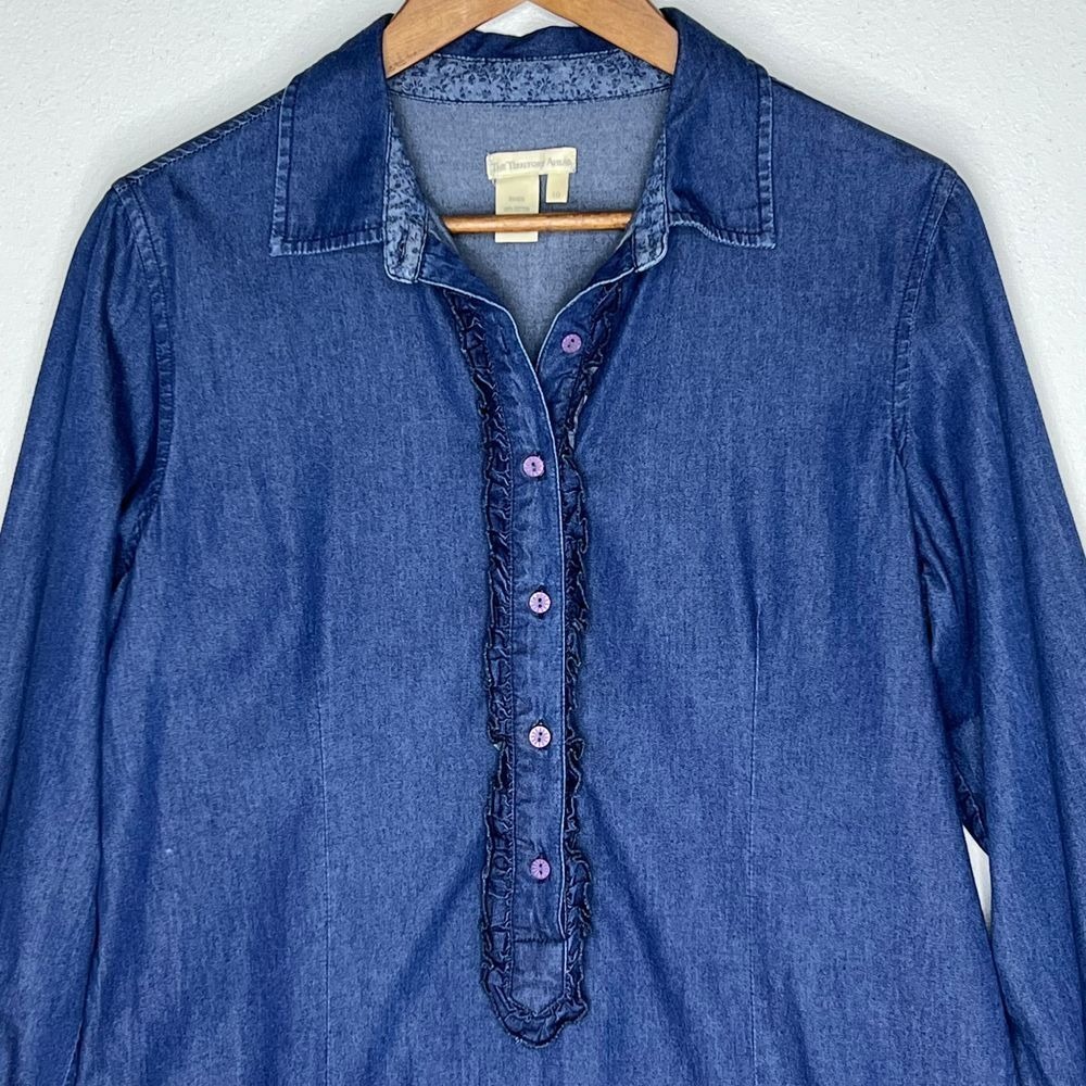 The Territory Ahead 10 Shirt Dress Chambray Vintage Ruffle Front Button Western - Picture 5 of 13